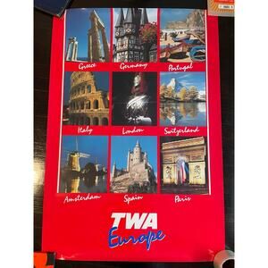 Rare Vintage TWA Airlines Europe 1985 Poster - 40"x25" very good cond. see pics